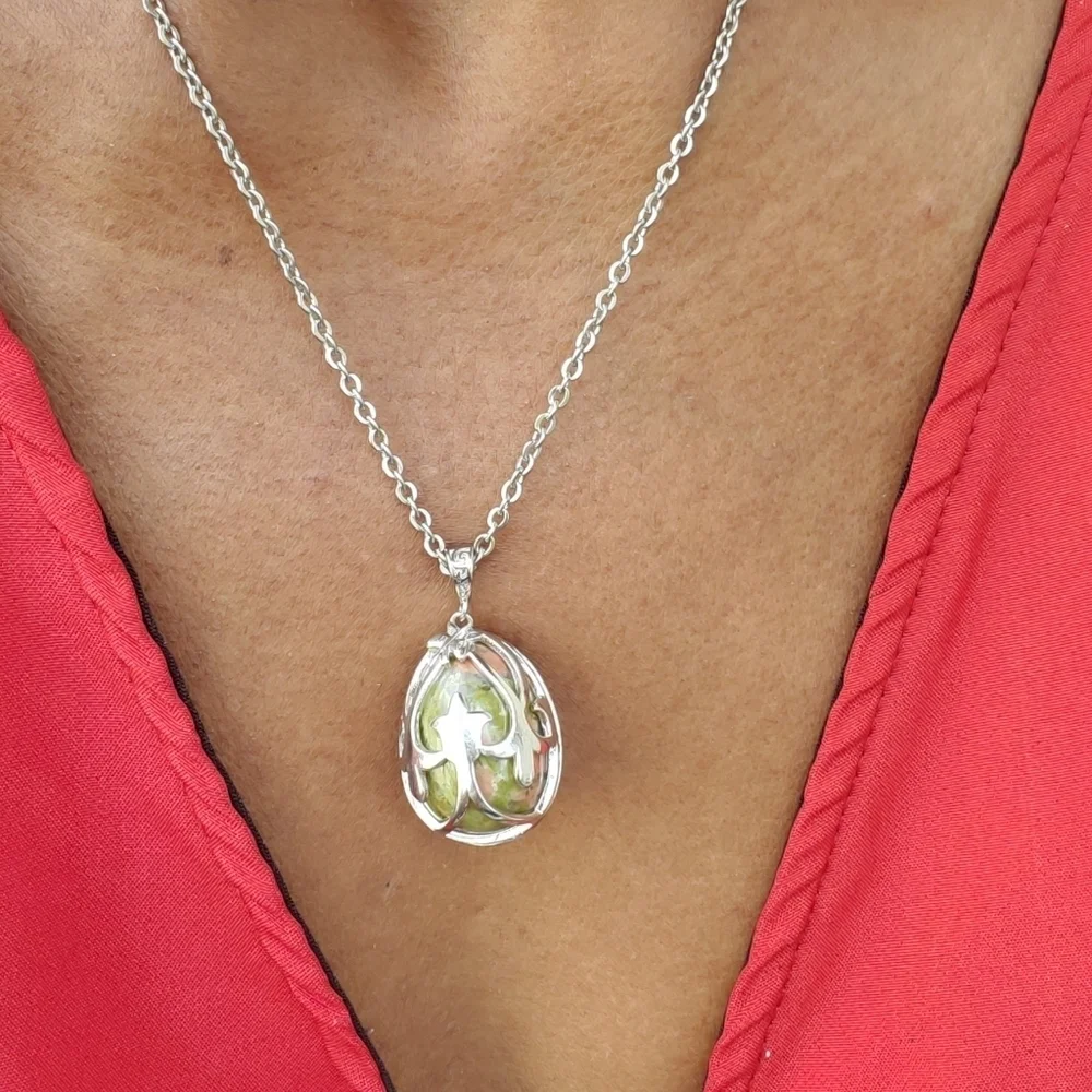 Unakite Egg Pendant Necklace Stainless Steel 20 inch
